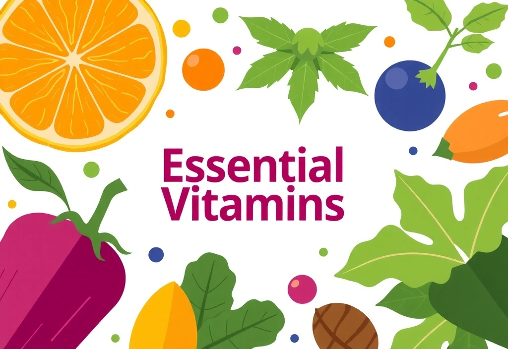 Stylized, vibrant illustrations of Vitamin C (citrus fruit slices), Vitamin E (green leafy vegetables and nuts), and other essential vitamins, symbolizing their antioxidant benefits.